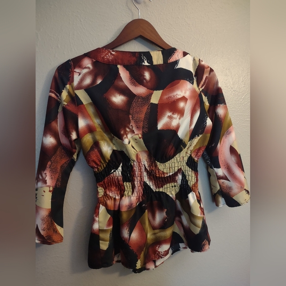 SERE NADE Abstract Print Peplum Blouse Black Cream Gold Dusty Pink - Picture 9 of 12